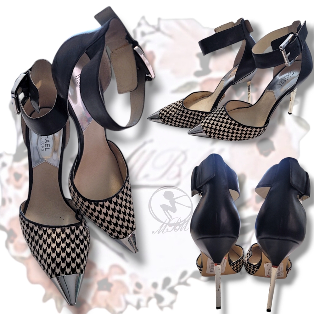 💕 Michael Kors "Wow Zady" Houndstooth Print Chrome Accent Heels size 10M
